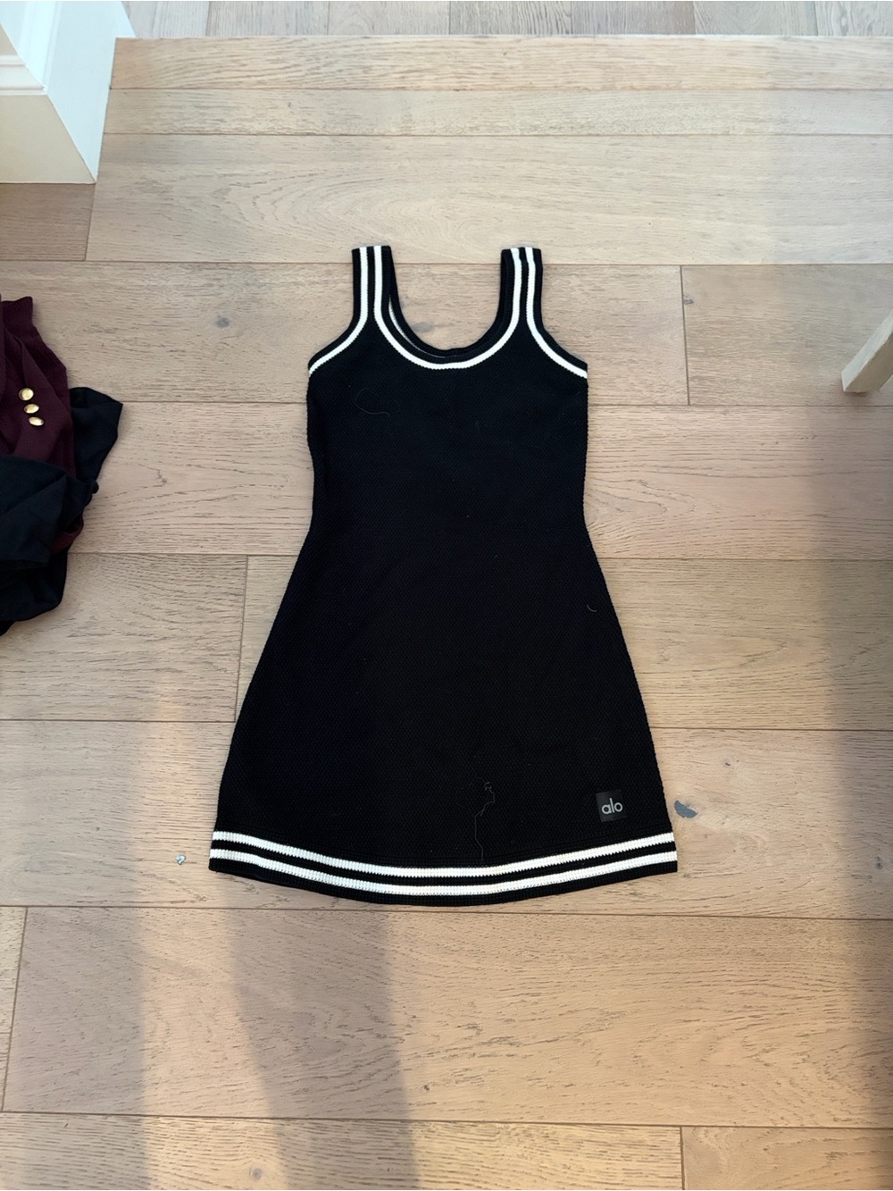 ALO Yoga Black Mini Tank Dress with White Stripe Trim